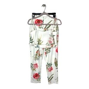 Luxxal Womens White Floral Print Crop Top Pants Set Size Small feminine‎ spring